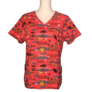 DISNEY Sz M Women Lion King Hakuna Matata V-Neck Pockets Short Sleeve Scrub Top